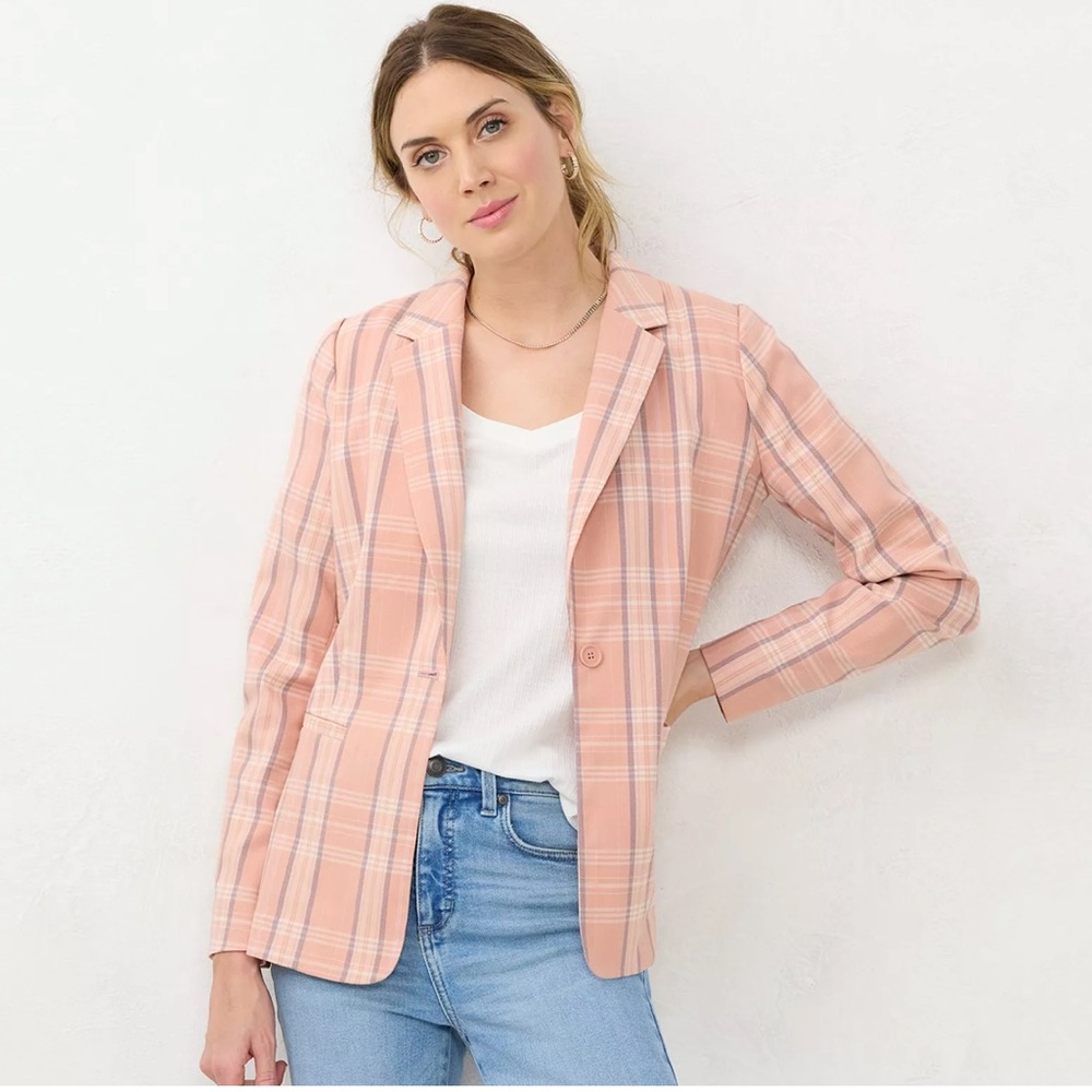 LC Lauren Conrad Women's Pink Plaid Blazer, single button workwear two pockets